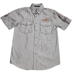 Harley Davidson Button Short Sleeve Shirt Mens Small Black White Stripe Patches